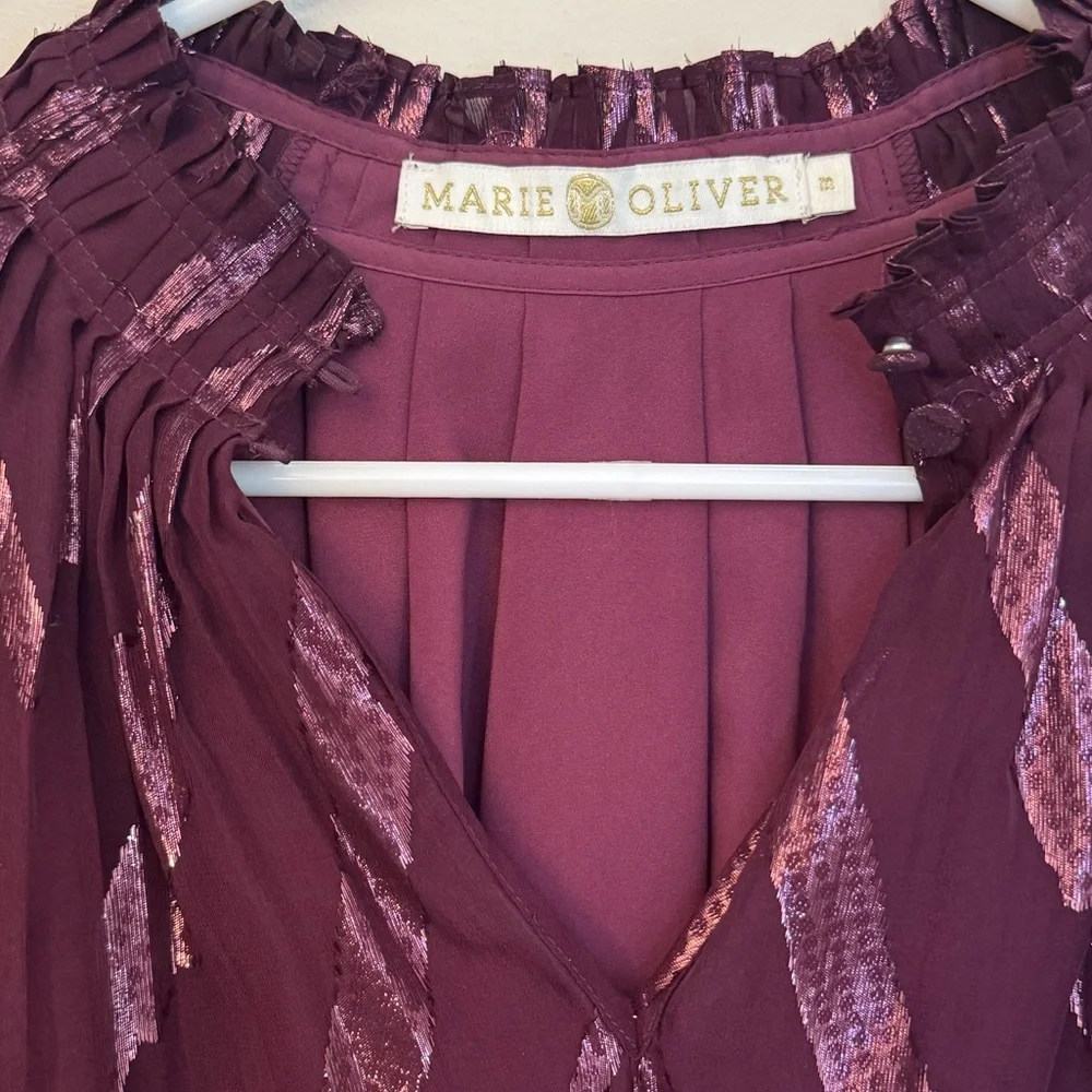 Marie Oliver Silk Ruffled Stand Collar Blouse Size Medium Purple Metallic Top - Picture 4 of 6